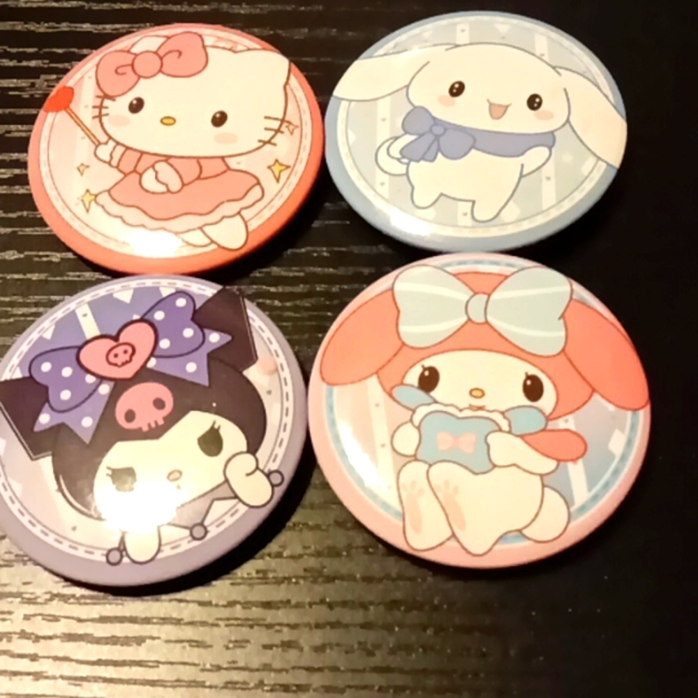 NEW Set of 4 Big 2" Sanrio Buttons: Hello Kitty, Kuromi, Cinnamoroll & My Melody